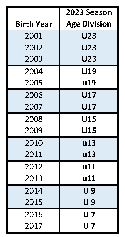 2023 age division table